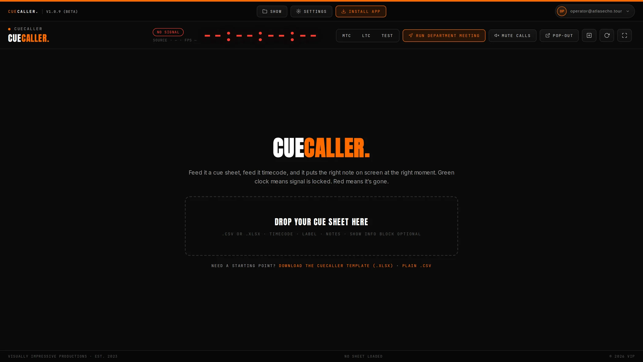The CueCaller landing screen before a show is loaded
