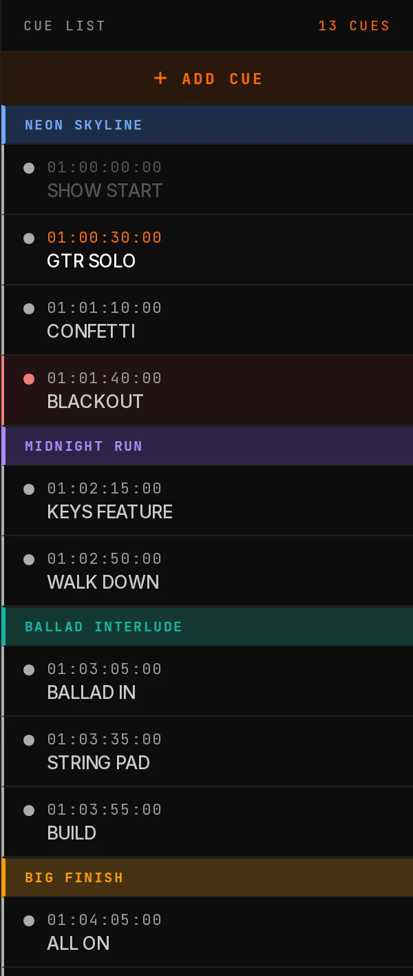 The cue list showing section bands, colored dots and rails