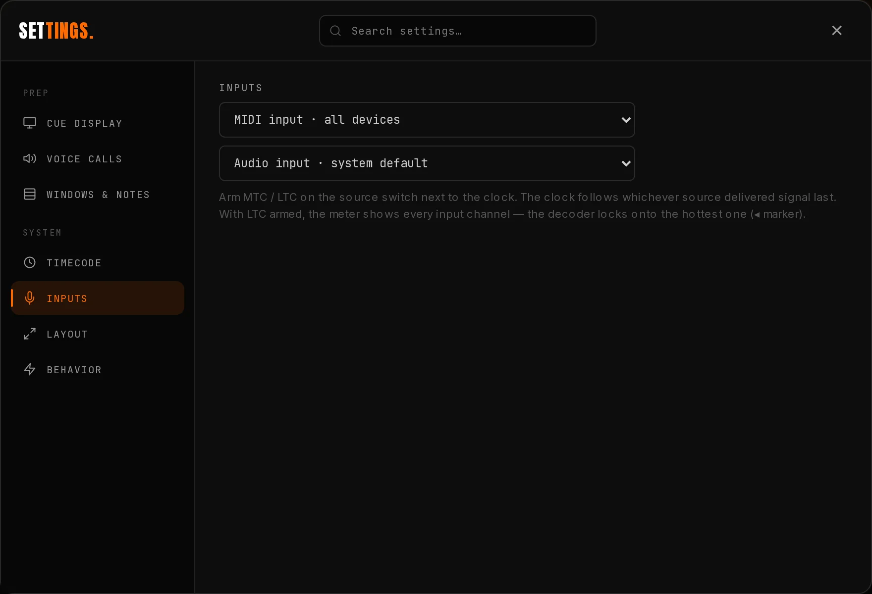 The Inputs tab in Settings with the per-channel LTC meter