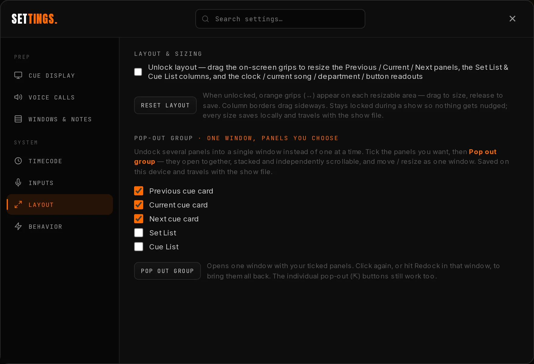 The Layout tab in Settings with the pop-out group checkboxes