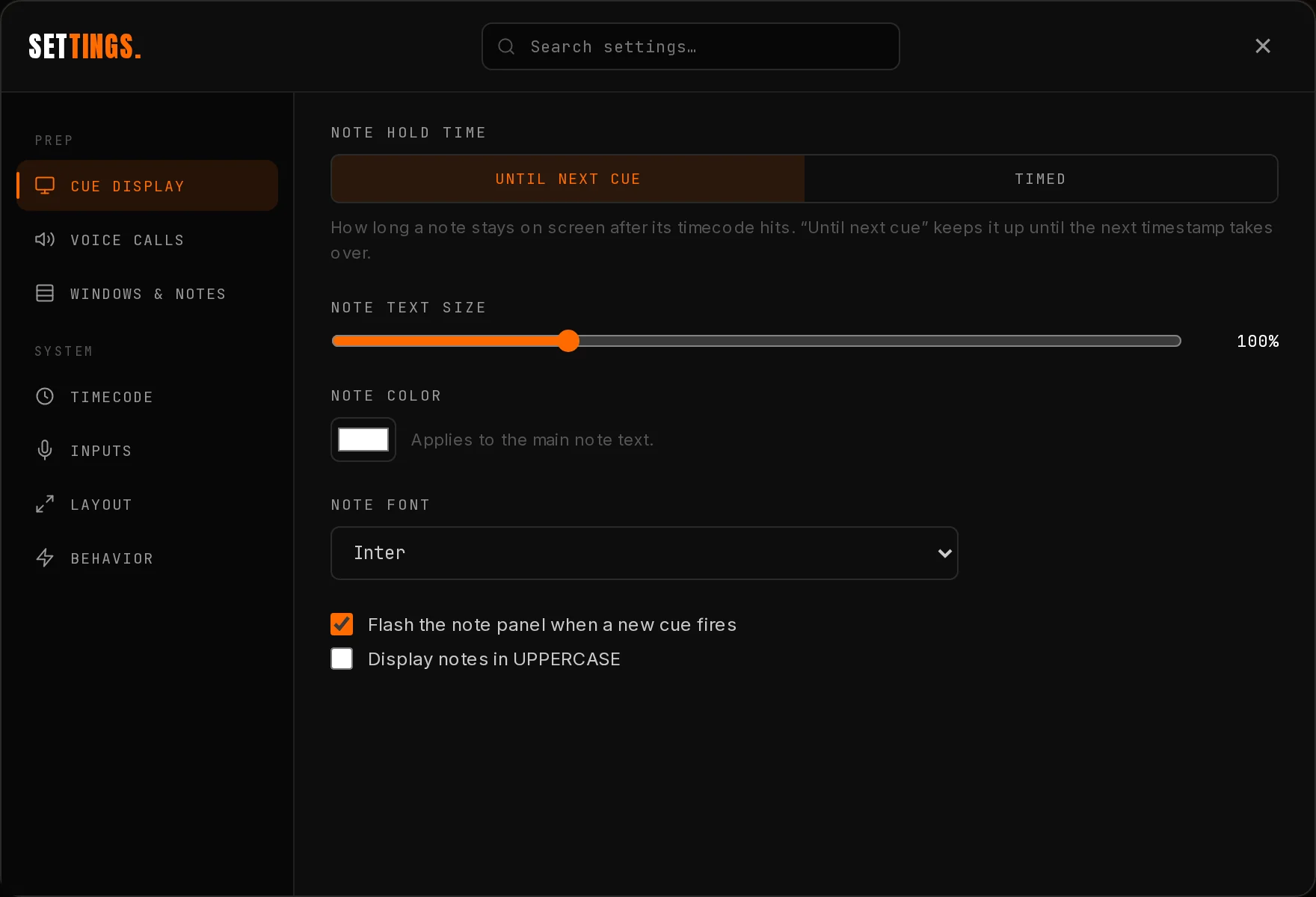 The tabbed Settings dialog on the Cue Display tab