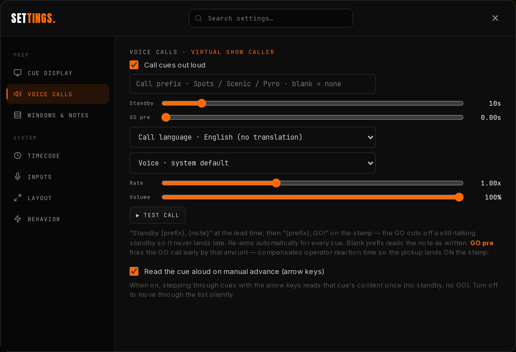 The Voice Calls tab in Settings