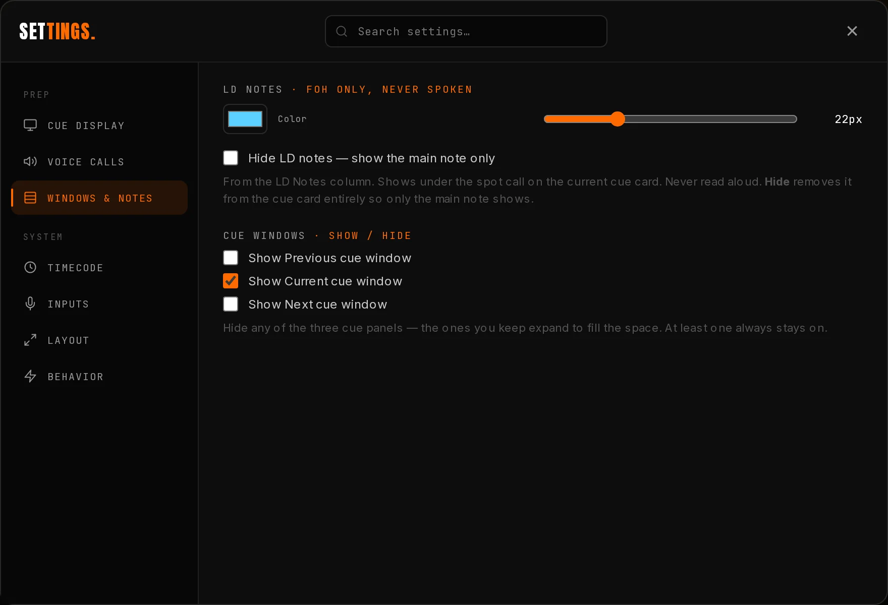 The Windows and Notes tab