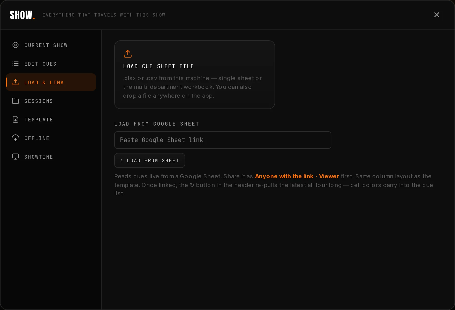 The Load and Link pane in the Show modal