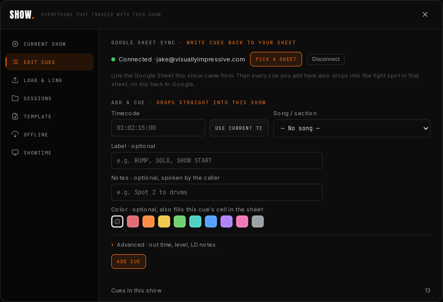 The Edit Cues pane with the Google Sheet sync block at the top