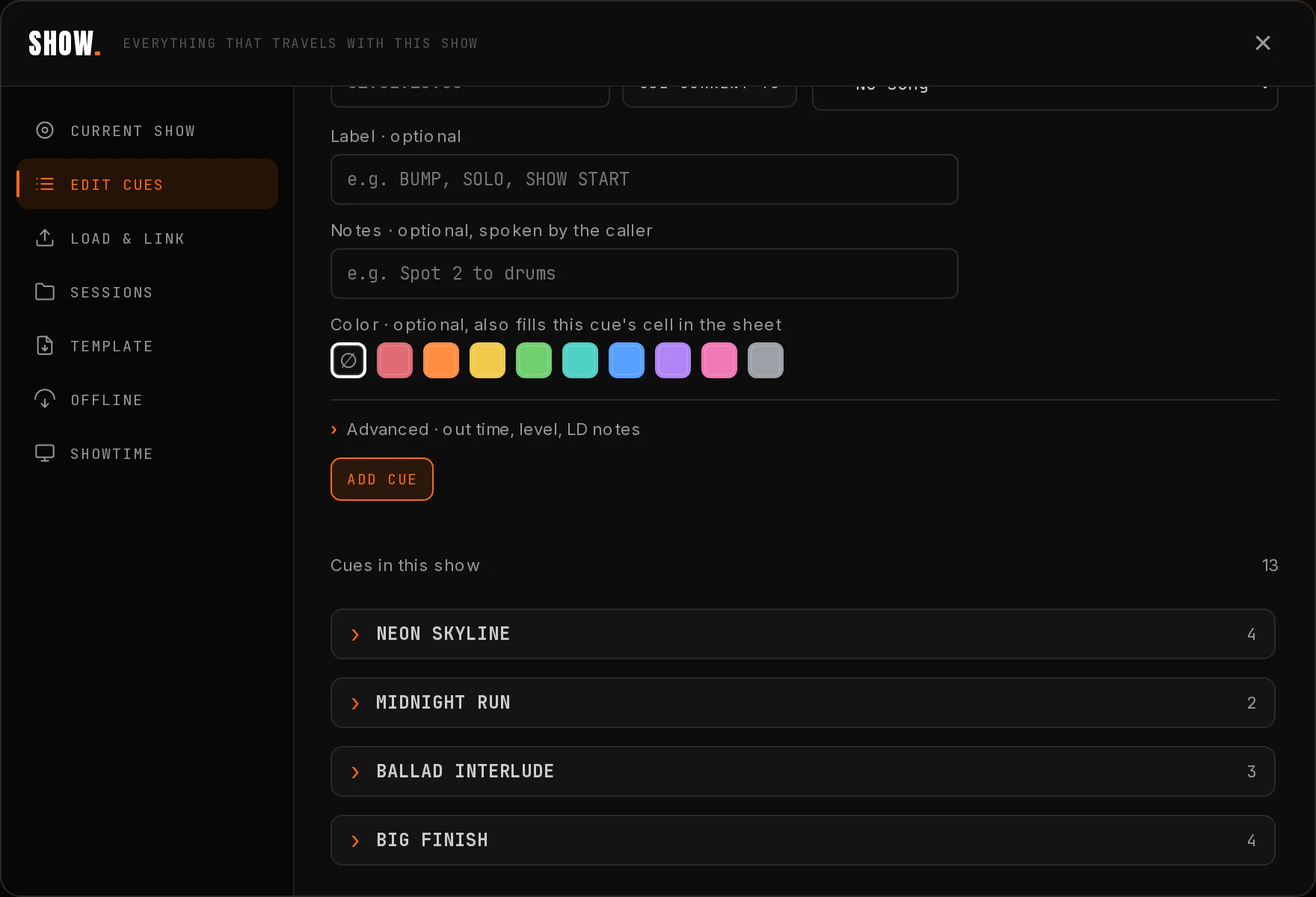 The editable cue list, grouped by song into collapsible sections