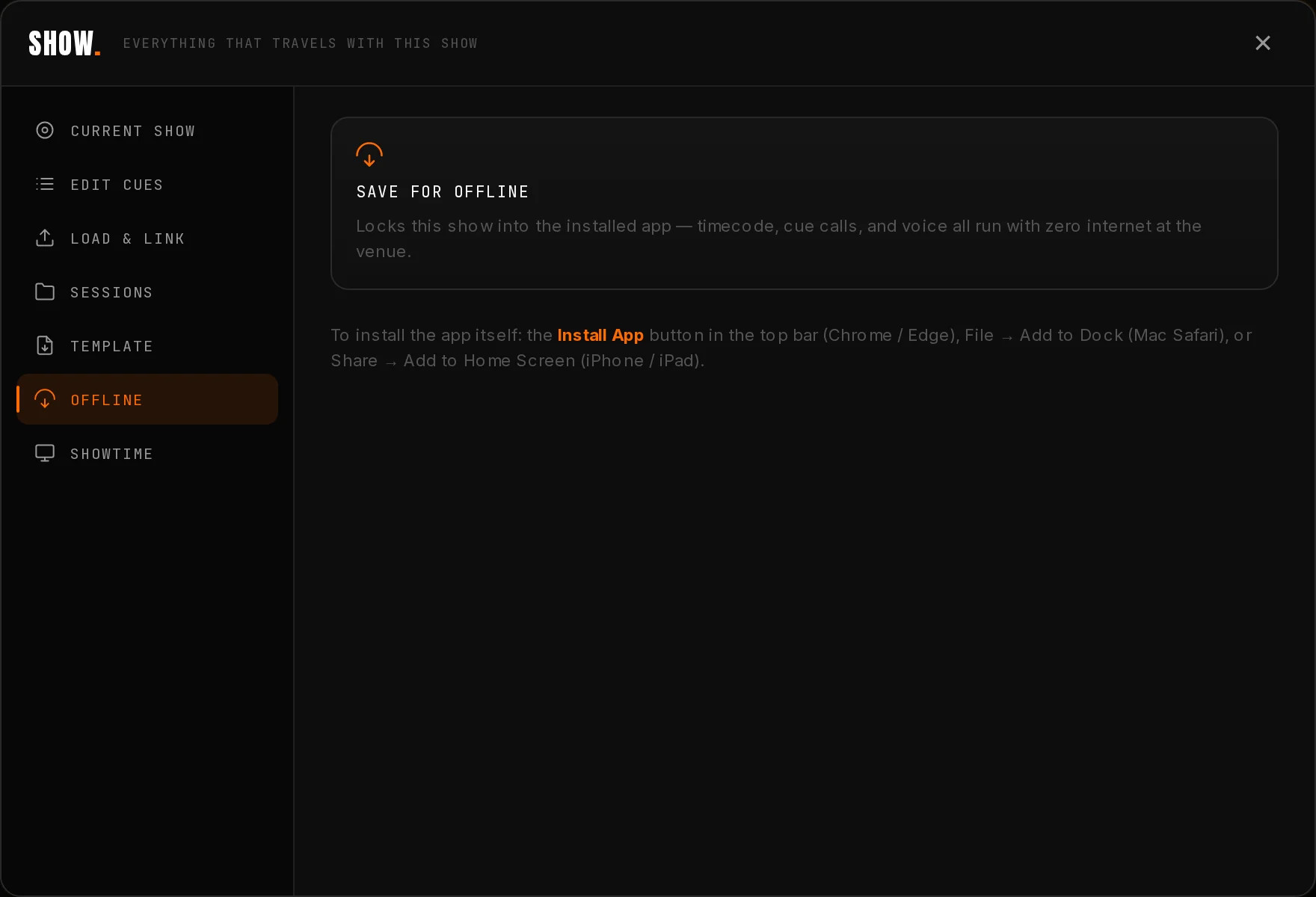 The Offline pane in the Show modal