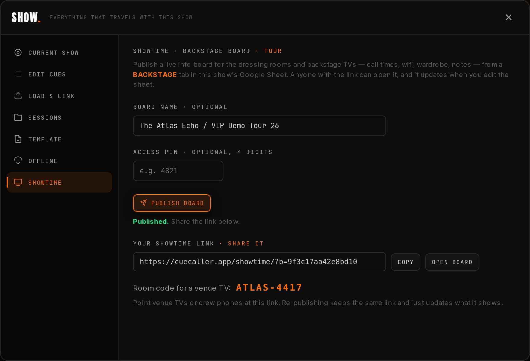 The Showtime pane inside the Show modal, published