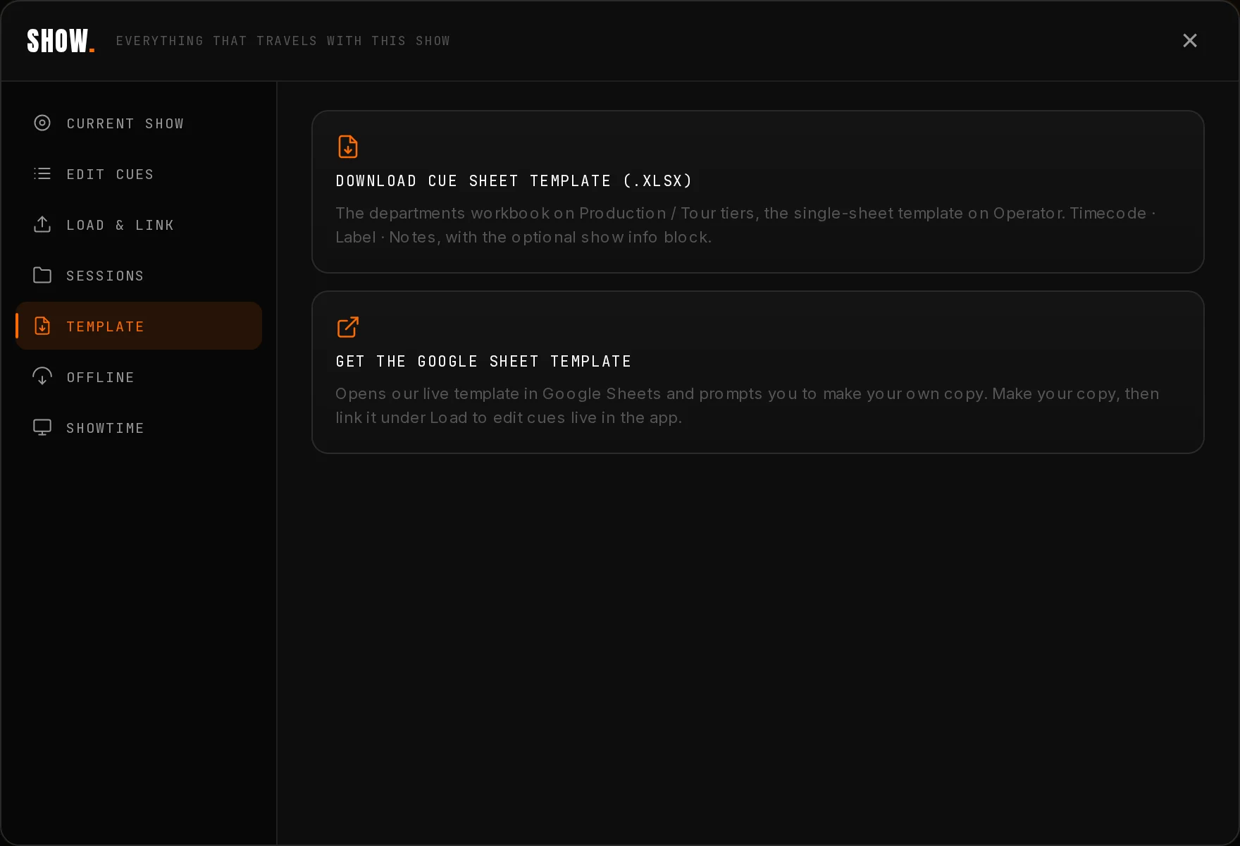 The Template pane inside the Show modal